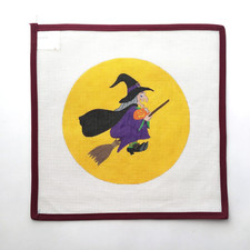 Handpainted Needlepoint Canvas Witch Broomstick Flying Yellow Moon 18 Mesh
