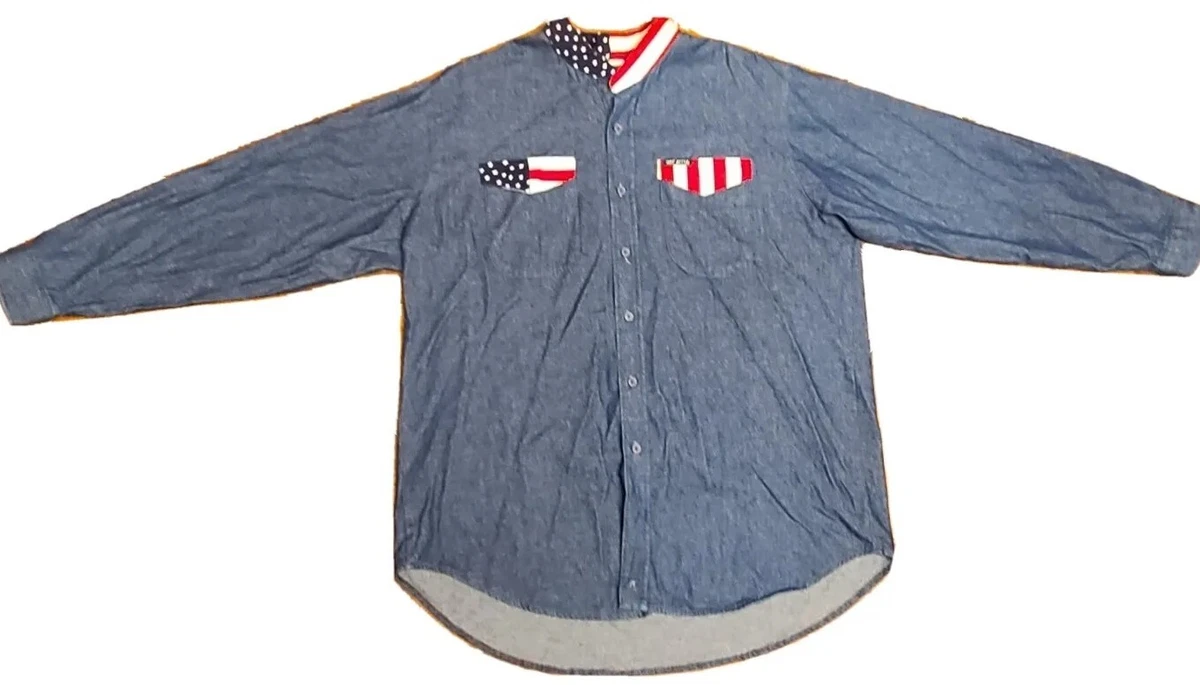 MO BETTA USA Flag Shirt Cotton USA Made American Flag Denim 17 1/2
