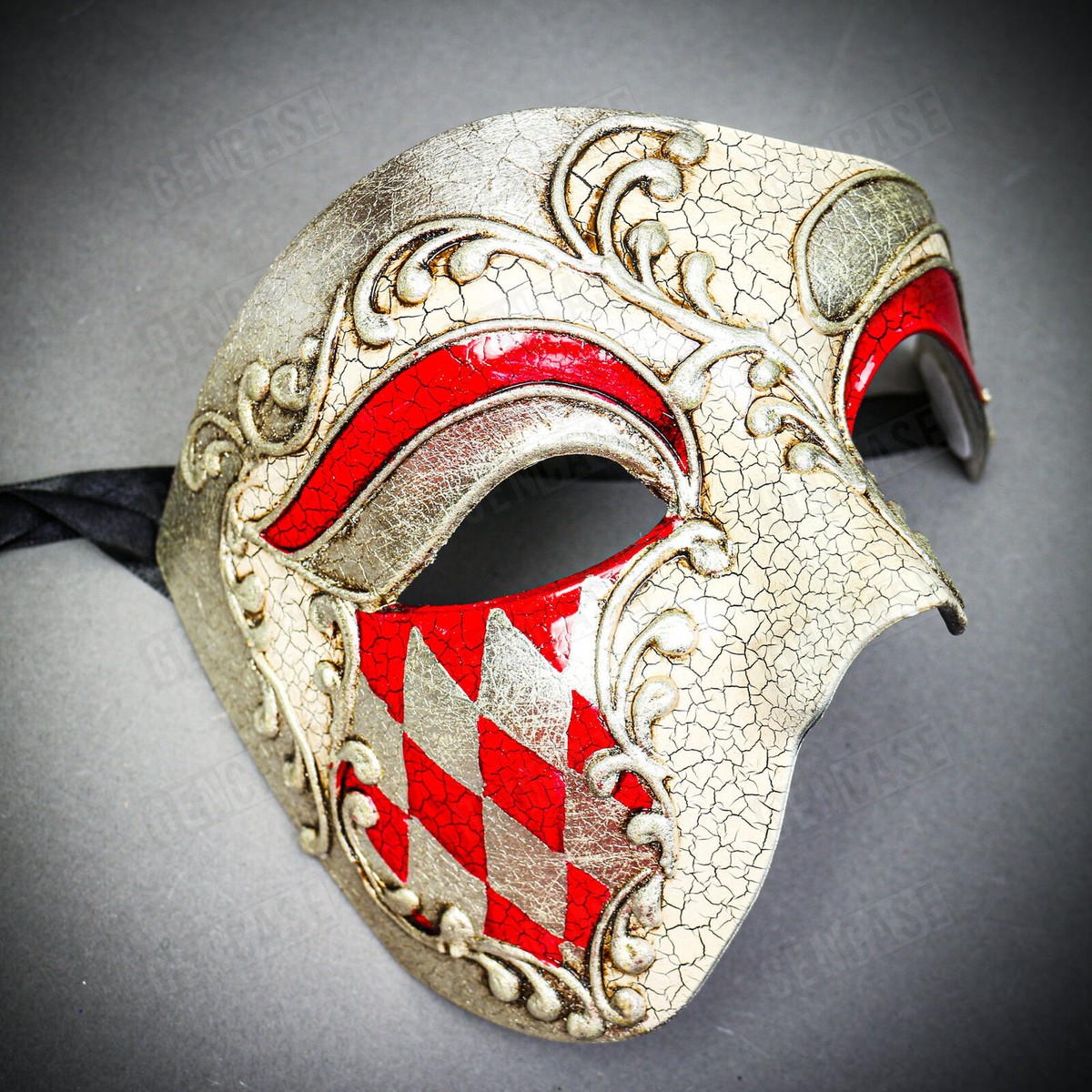 Venetian RED Silver Phantom Half Face & Black Glitter