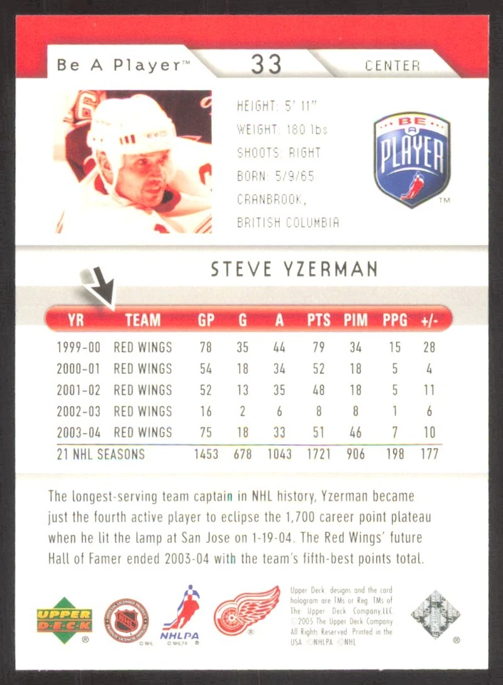 2005-06 Upper Deck Be a Player Steve Yzerman Detroit Red Wings #33 - Image 2 of 2