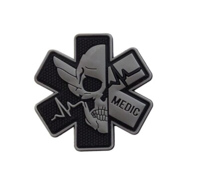 3D PVC First Aid Prepared Medic EMT MED Skull Rubber Hook Loop Patch Badge Gray