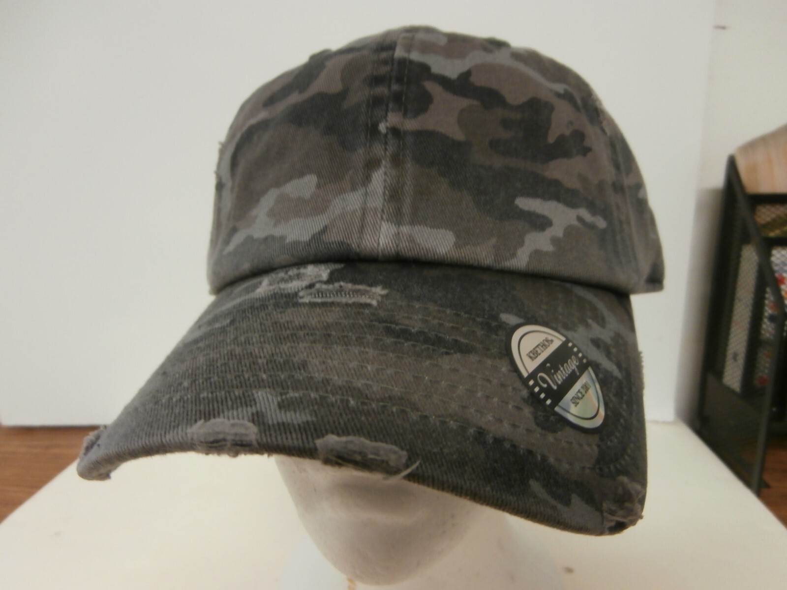 New Kbethos Vintage Style Gray Camoflauge Distressed Hat Adjustable Blank Plain