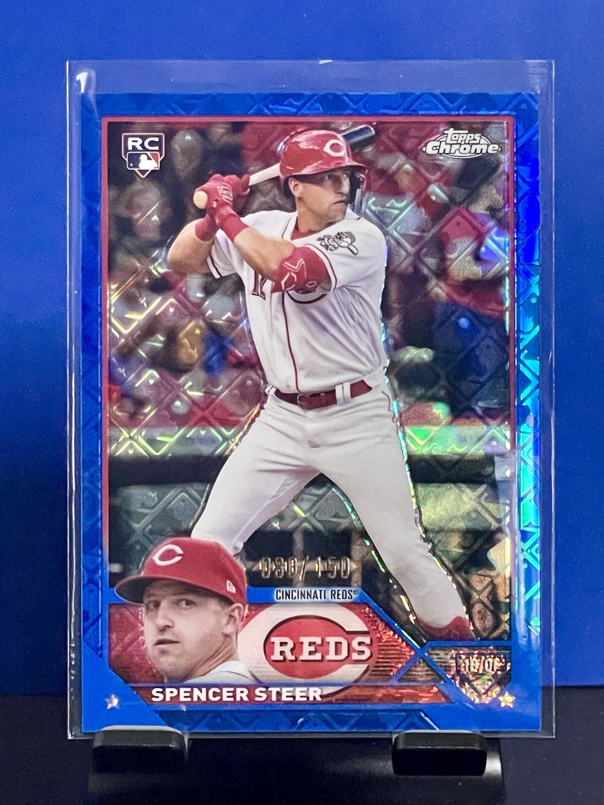 Spencer Steer 2023 Topps Chrome Blue Refractor #080/150 RC Rookie #146 Reds