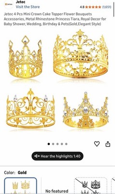 4 Pcs Mini Crown Cake Topper Flower Bouquets Accessories, Metal Rhinestone Princ