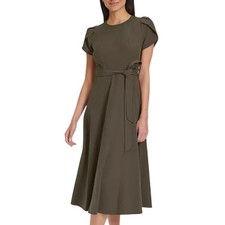 NWT Calvin Klein Women Olive Green Short Sleeve Belted Midi Dress Size 2 $1398