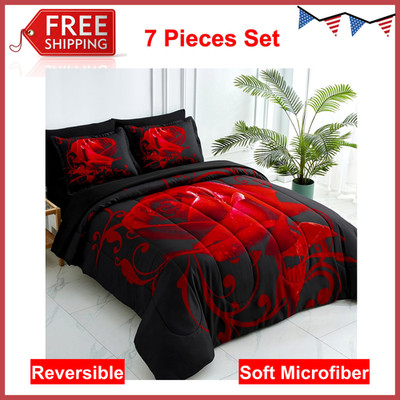 Red Comforter Set Queen, Reversible Red Rose 7PCS Bed In A Bag, Lightweight Soft