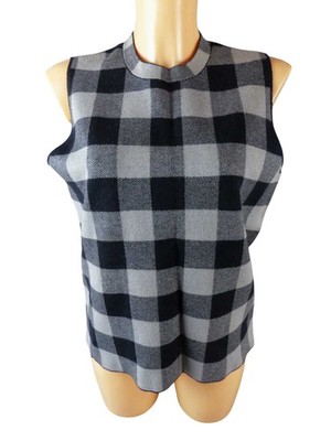 Opus Shirt Wollshirt 40 L grau/schwarz kariert Rundhals ärmellos Plundu (21465)