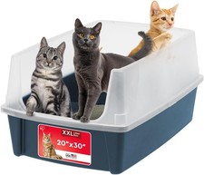 Open Top Cat Litter Box W/ High Sided Walls Tall Scatter Shield Scoop XX-Large