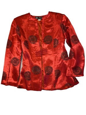 Meng Zhi Hua Red Silk Blazer Women s XL Artistic Boho Festival Jacket New