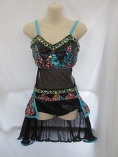 Black Teal Blue Pink Gold Sequin Beaded Sheer Dance Costume Medium Adult MA
