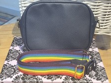 Pom Peace Vegan Faux Leather Navy Crossbody Camera Bag Rainbow Removable Strap 