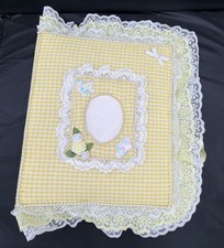 Vintage 1980s Puffy Fabric Baby Photo Album Scrapbook Yellow Check Lace Trim EUC