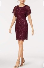 Adrianna Papell Size 6P Beaded Cocktail Dress with Flutter Sleeves Scallop Trim