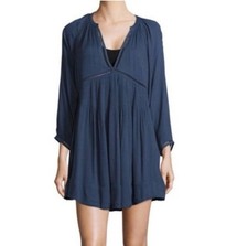 Free People Dark Blue Go Lightly Boho V Neck 3/4 Sleeve Swing Dress Ladies Sz S