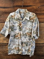 Vintage Pierre Cardin Hawaiian Shirt Mens Large Beige Floral Sailboat Cotton Cam