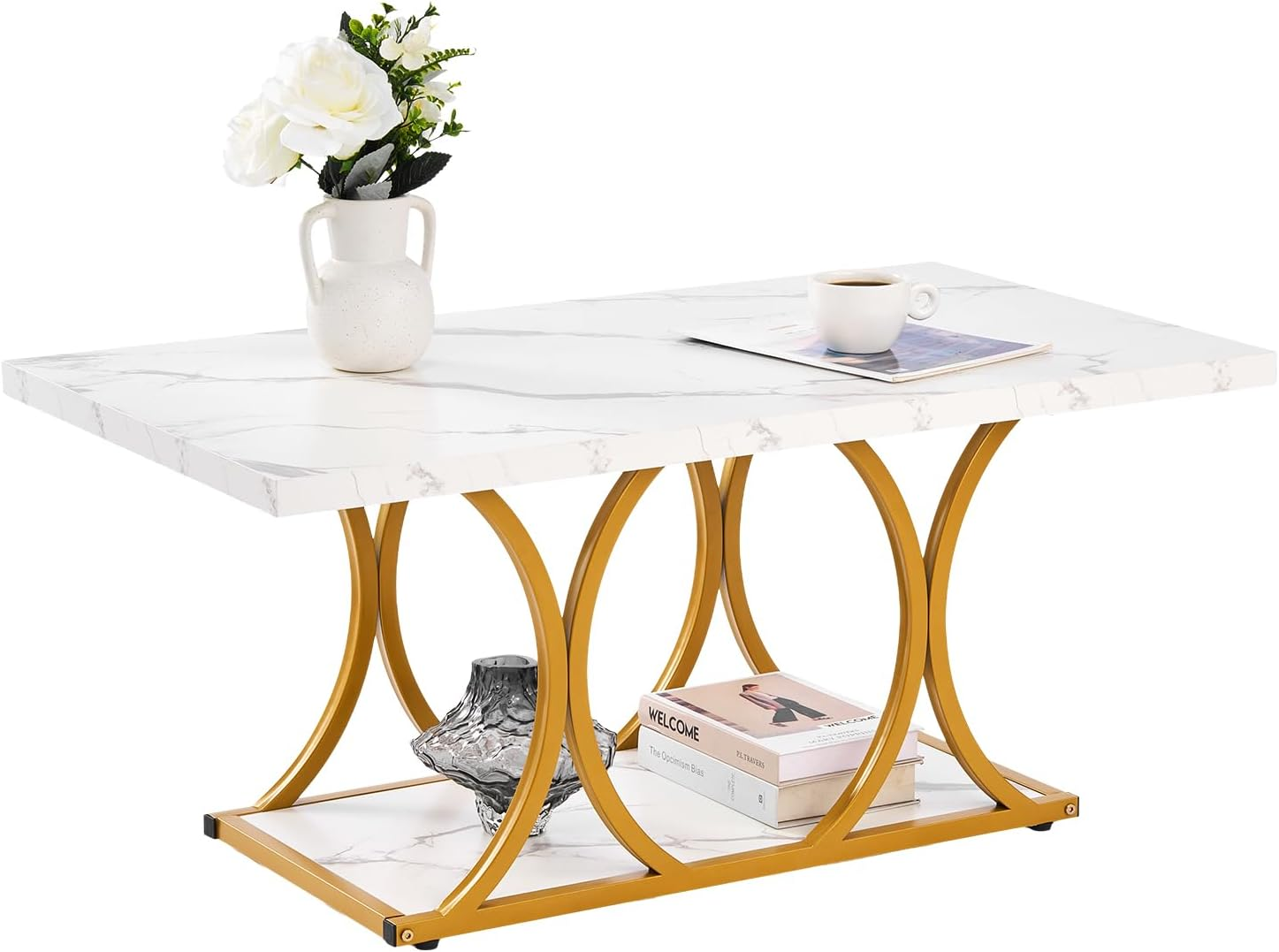 Coffee Table, Modern Faux Marble Coffee Table, 2-Tier Rectangle Center Desk with-image