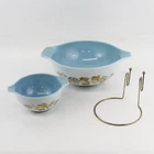 1960 Pyrex Blue Delphite Cinderella Golden Grapes 3 Piece Chip & Dip Set
