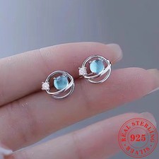 Tiny Saturn Blue Gem Star Silver Stud Earrings Space Theme Party Jewelry Gift
