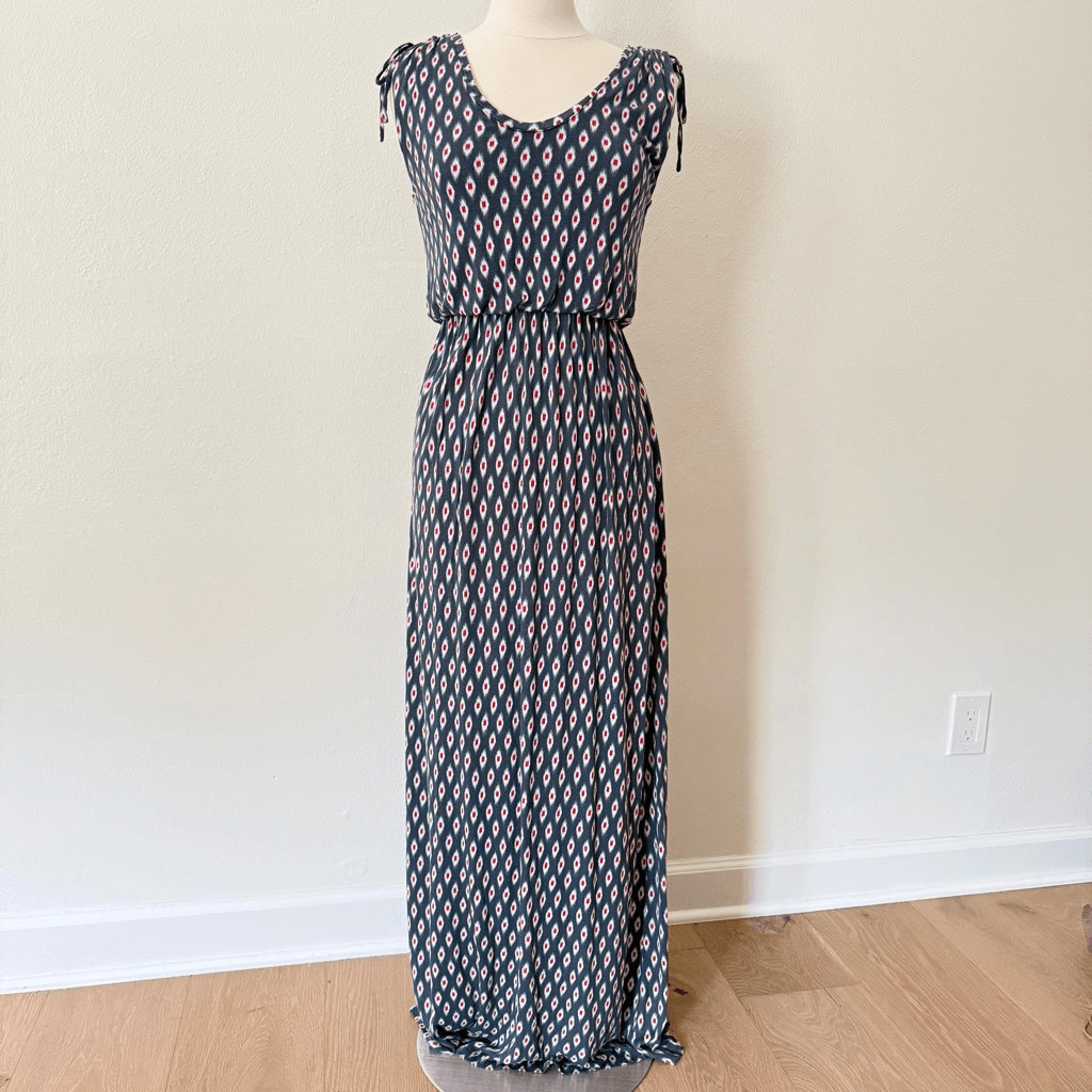 LOFT Maxi Dress Small Ikat Blue Red White Cap Sleeve Elastic Waist Scoop Neck