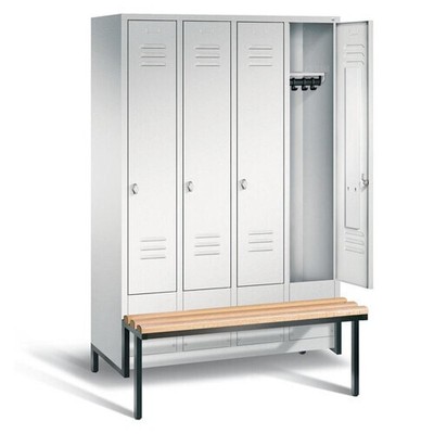 Stahl Spindschrank, Buche Sitzbank integriert, 4 Abteile 30cm, Spind