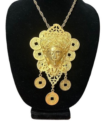 1980 s Bali Indonesian Goddess Dewi Sri Brooch Pendant Necklace Coin Statement