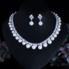 Cubic Zirconia Big Round Drop Pearl Tennis Wedding Necklace Earrings Jewelry Set