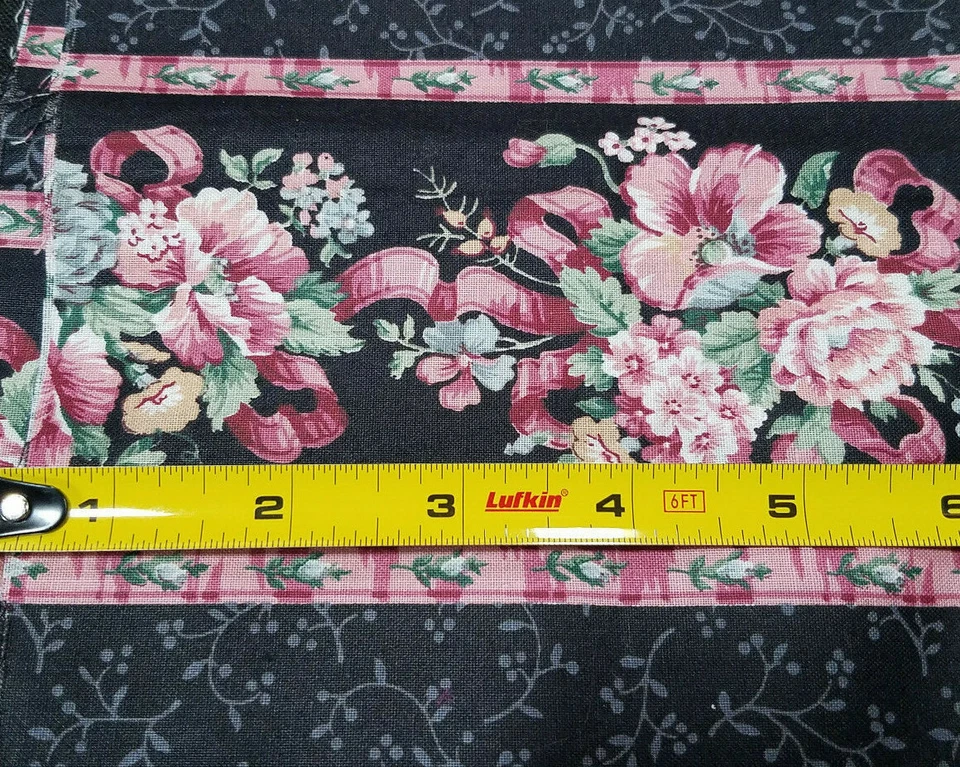 3/8 Yds Sewing Fabric Rayon Black Background Pink Flowers Pink Ribbon Floral - Image 3 of 3