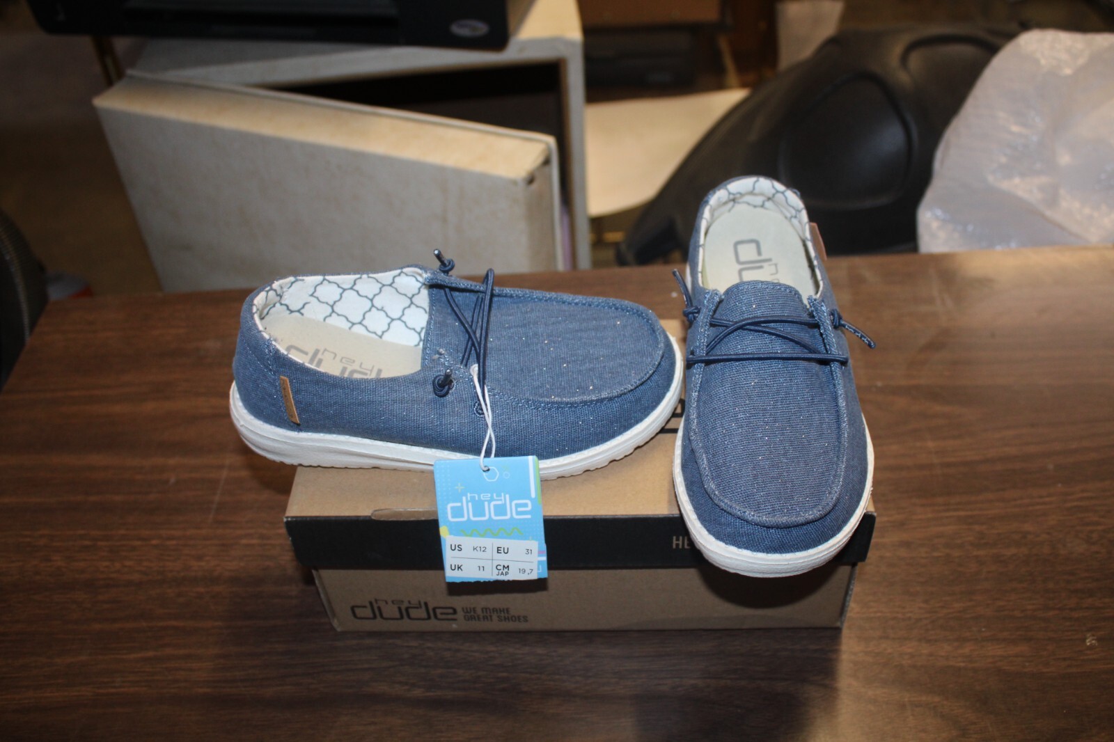 NIB HEY DUDE WENDY SPARK DENIM YOUTH/KIDS SIZE 12 FREE SHIPPING