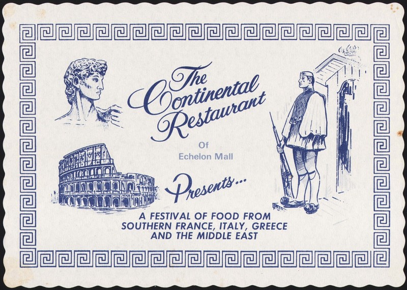 Vintage placemat THE CONTINENTAL RESTAURANT of Echelon Mall Voorhees Township NJ