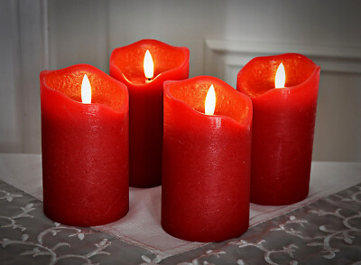   4er / 1er Set LED Stumpen Kerze Rot Wachs 12,5cm 3D Flamme flackernd Timer EmP