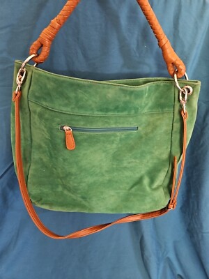 Twiggy of London Vintage Suede green messenger bag with brown leather staps