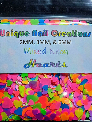 HEART MULTI SIZE~ MIX NEON GLITTER~Nail Acrylic Gel Body Art Face Festival