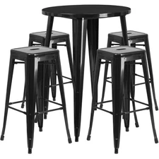 30'' Round Black Metal Indoor-Outdoor Restaurant Bar Table Set w/4 Barstools