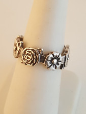 Vintage sterling silver floral flower ring cutout band design sz 7.25 marked HAN