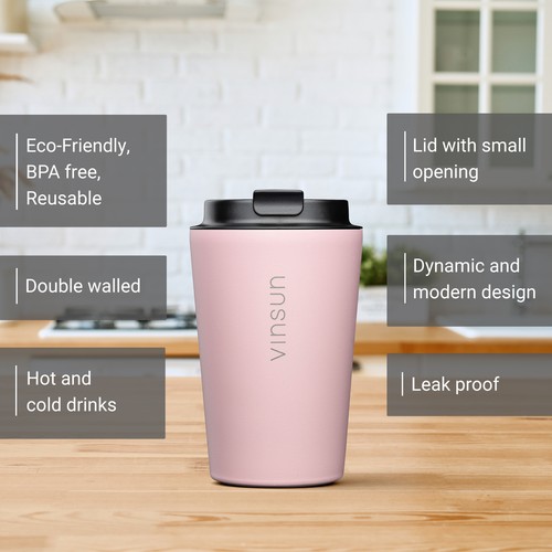 Thermobecher Edelstahl 350ml Kaffee Becher Trinkbecher Isolierbecher Rosa Vinsun - Bild 3 von 6