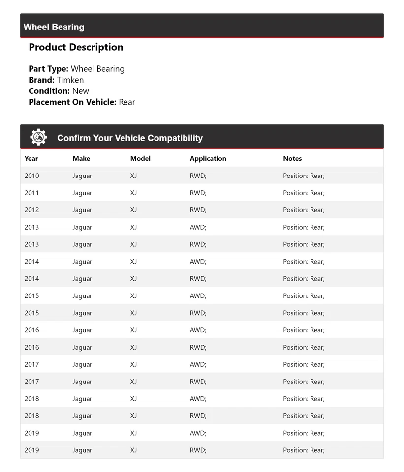 Cojinete de rueda trasero Timken para Jaguar XJ 2010-2019 2011 2012 2013 2014 2015 2016 Foto 2 de 4