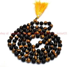 Natural Lava Rock Tiger's Eye Gems Tibet Buddhist 108 Prayer Beads Mala Necklace