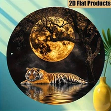 Modern Geometric Moonlight Tiger Wall Art Round Aluminum 7.87inch