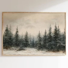 Winter Forest Canvas Wall Art Vintage Christmas Painting Evergreen Tree Artwork 