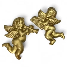 Vintage Gold Instrumental Cherub Angel Wall Hangings Trumpet Harp - Set 2