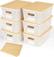 6 Pack Plastic Storage Baskets With Bamboo Lid, Stackable Storage Baskets for...