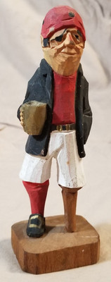 Wooden Pirate Hand Carved Black, Red & White Figurine Peg Leg, Eye Patch