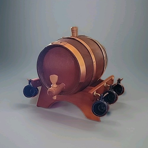 Vintage French Wooden Keg Barrel Set with Stand, 6 Cups & Decanter