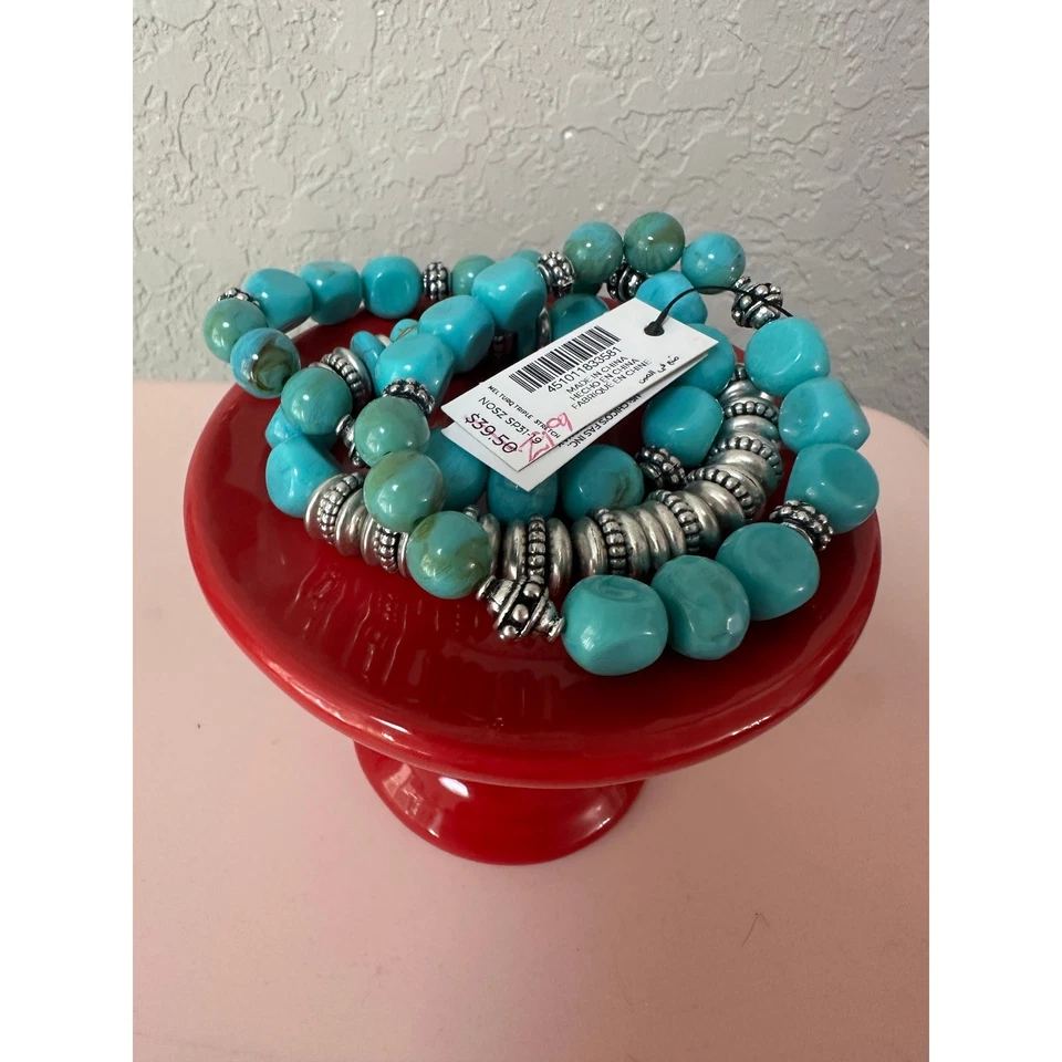 Chico's Faux Turquoise Beaded Stretch Bracelet Set Silver Tone Boho NWT - Image 4 of 4