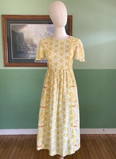 VTG XS 70s Butter Yellow Floral Patchwork Country Romance Dress Prairie Wedding