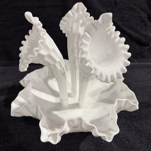 Vintage Fenton Thumbnail Milk Glass Epergne 3 Vase Ruffle Edge 10"X10"