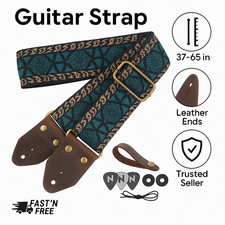Guitar Strap Embroidered Cotton with Leather Ends for Electric Acoustic