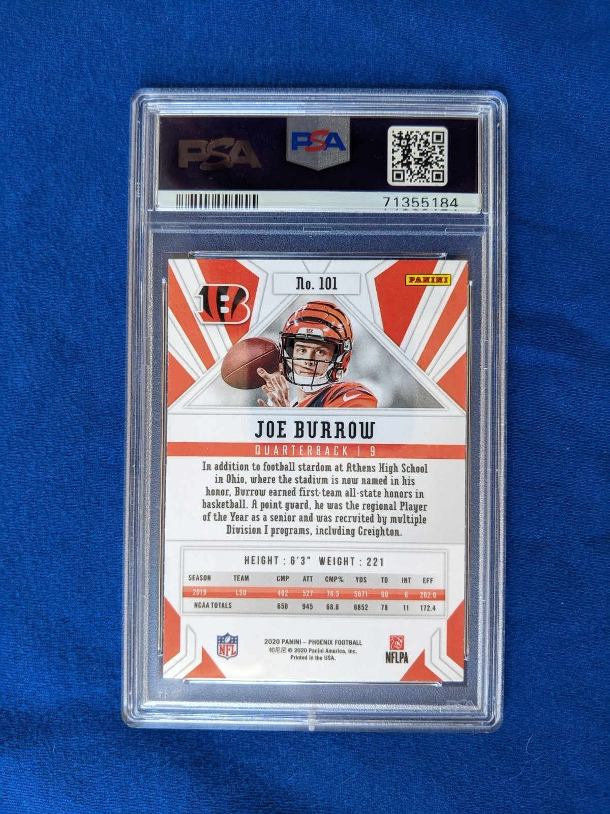 2020 Panini Phoenix - Fire Burst - PSA 10 RC Joe Burrow  #101 view 2