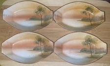 Antique Nippon 4 Pc Set Butter/ Salt Dips Hand Painted Tree Design