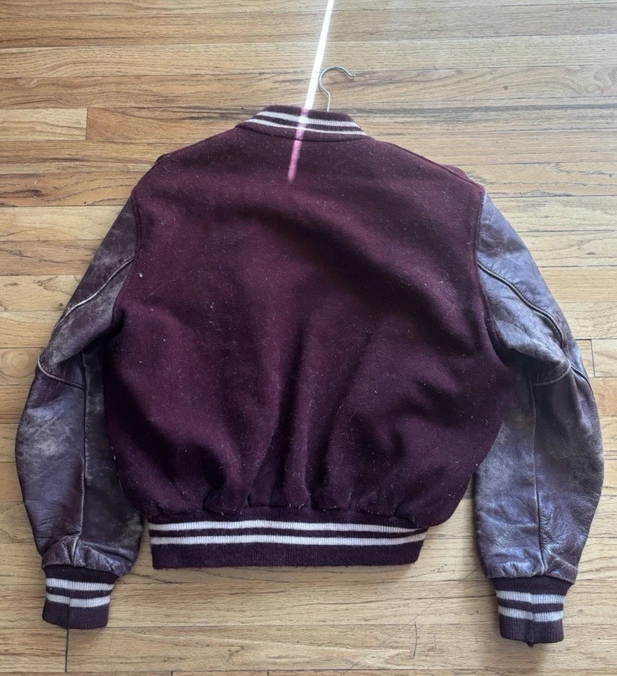 Chaqueta Universitaria DeLong Años 60 De Colección Talla 40 Granate Lana Cuero Parche “N” EE. UU. Foto 3 de 4